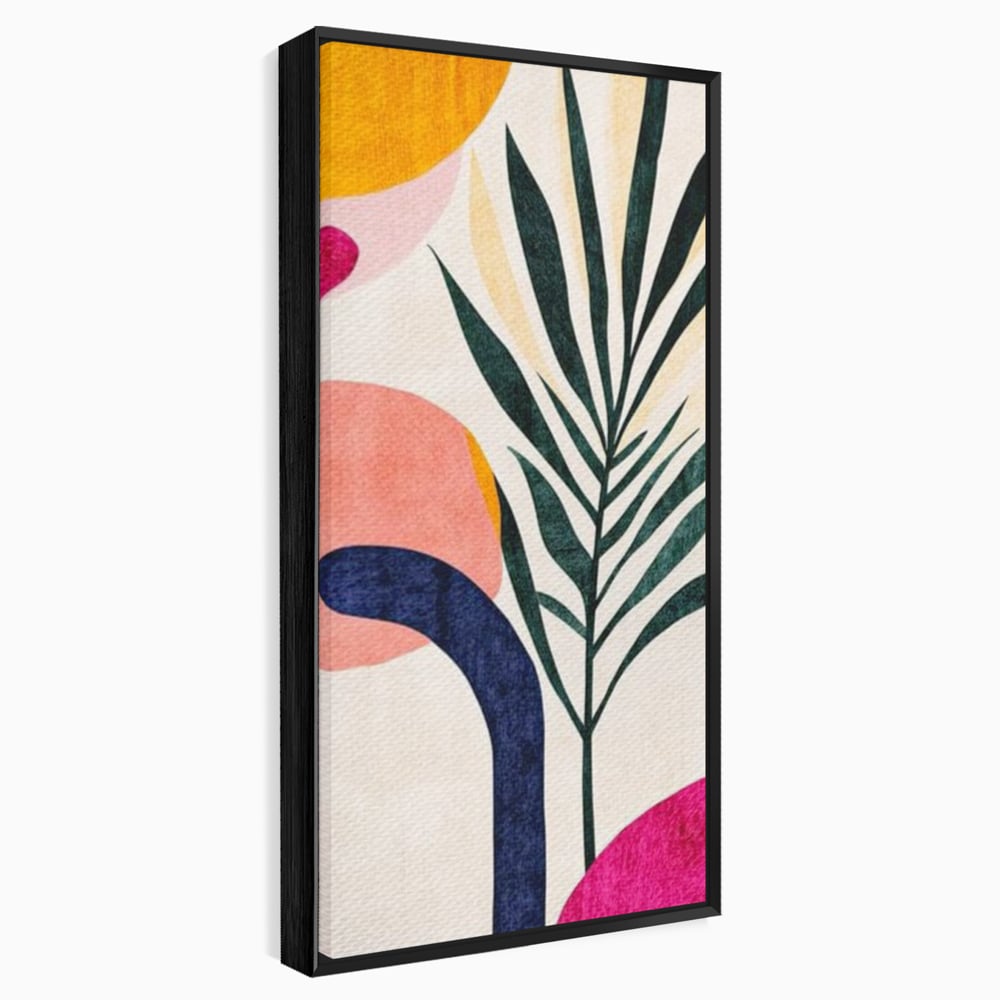 Tablou canvas cu ilustratie abstracta cu frunze de palmier, in rama de aluminiu negru
